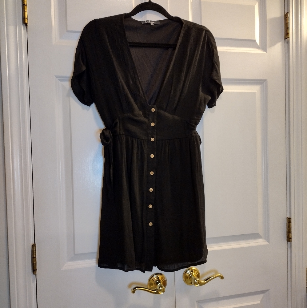 Lulu's Mini Button Down Side Tied V Neck Black Dress M New